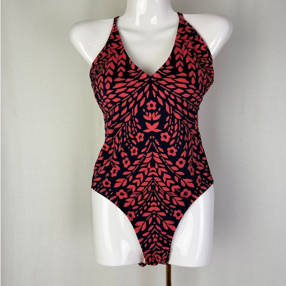 Kona Sol Womens One Piece Swimsuit Halter Floral‎ Red Black Size S